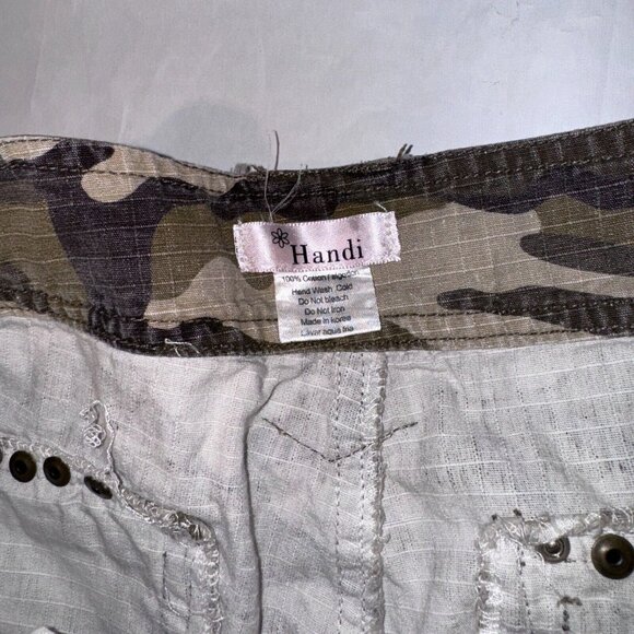 Handi Y2k Army Camo Cargo Capri Pants Bedazzled Jewel Drawstring Cuffs Size 30" - Picture 4 of 11